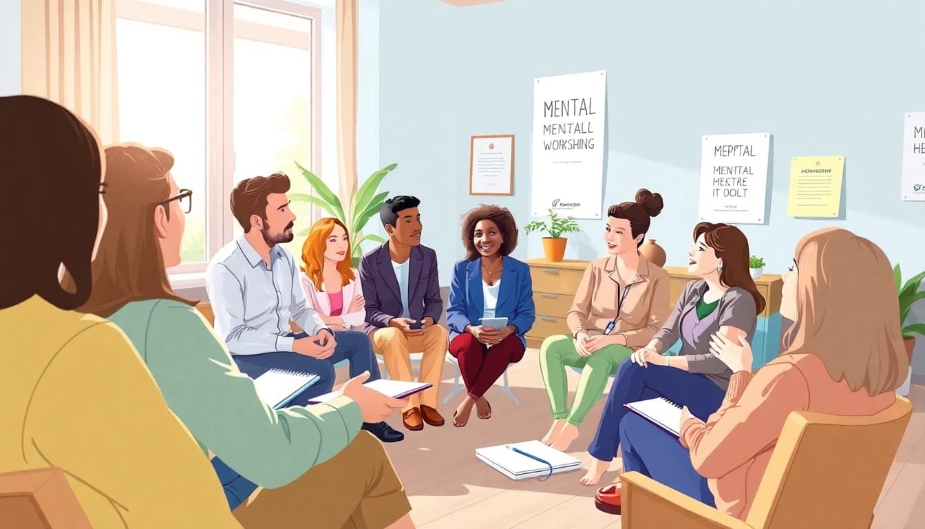 Mental health awareness workshop participants engaging in discussions and sharing insights.