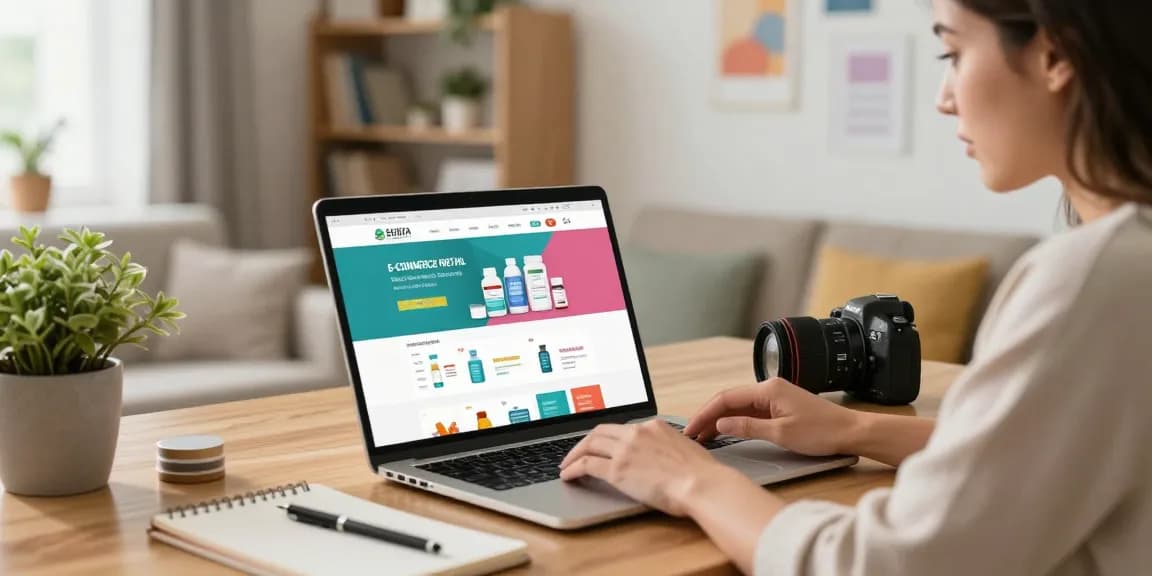 Die Frau durchstöbert das Selliza Pharma Shop Sortiment auf ihrem Laptop in einem einladenden Zuhause.