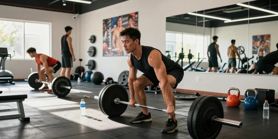 Anabolikashop: Athlet beim Training im Fitnessstudio, konzentriert beim Kreuzheben mit motivierender Umgebung.