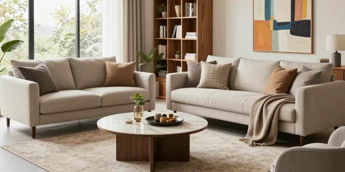 Modernes Wohnzimmer mit stilvollem Sofa und Dekor für möbel direkt bestellen