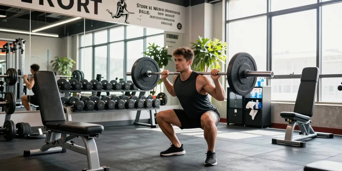 Anabolika kaufen für Muskelaufbau im modernen Fitnessstudio mit Athlet bei der Kniebeuge.