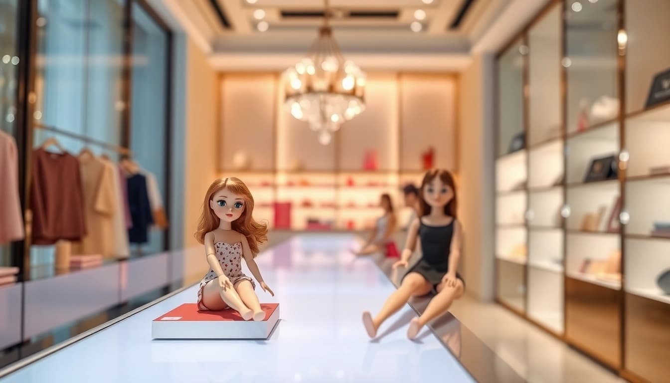 Stehleuchte mit hochwertigen Love Dolls in einem eleganten Boutique-Setting.
