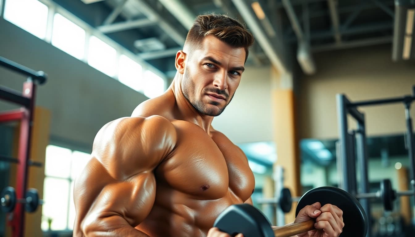 Proviron kaufen - Starker Bodybuilder demonstriert Kraft im Fitnessstudio
