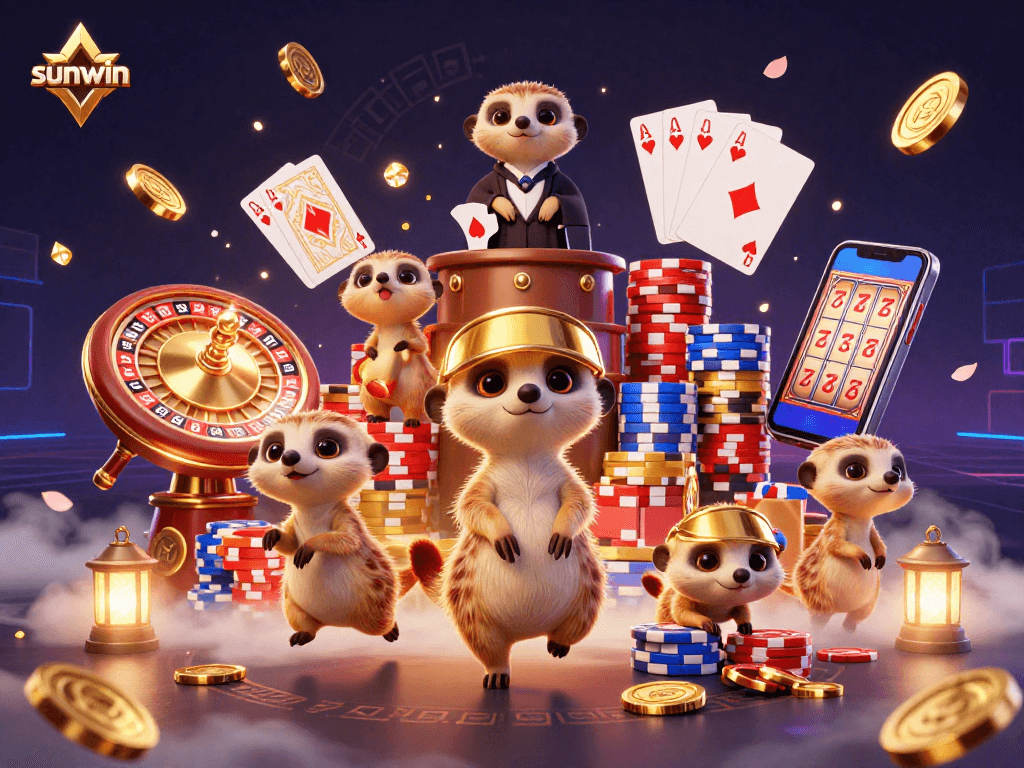 Experience the thrilling action at sunwin's vibrant casino with adorable meerkats among sparkling gems and dynamic gameplay.
