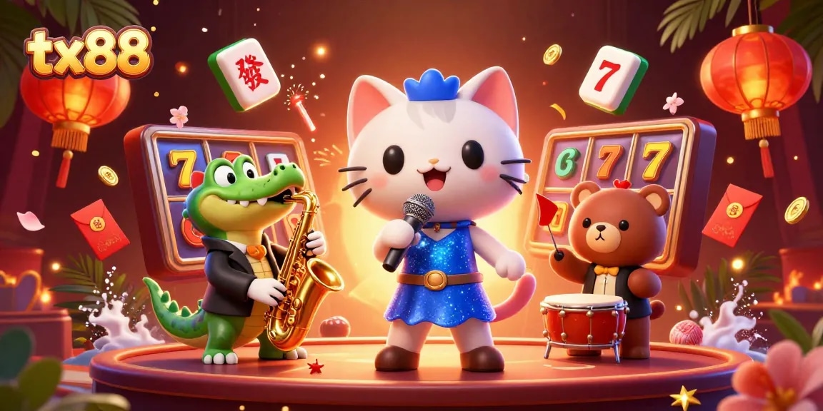 tx88 offers vibrant casino entertainment featuring a 3D jazzy scene with engaging characters and colorful game elements.