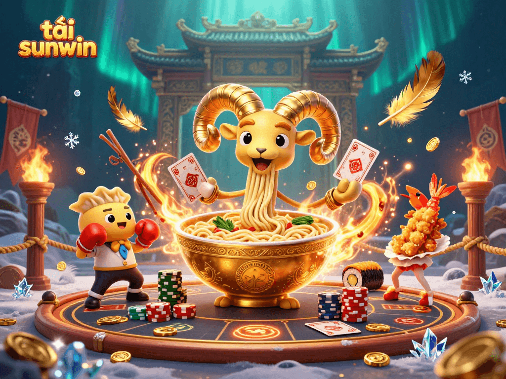 Engage your gameplay with tải sunwin's vibrant 3D casino scene featuring golden ramen characters.