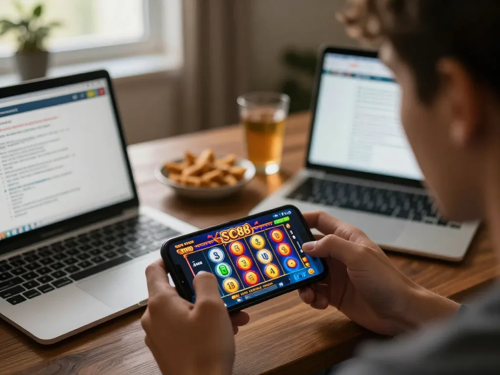 Player enjoying SC88 slots on mobile app with engaging visuals in cozy home setting