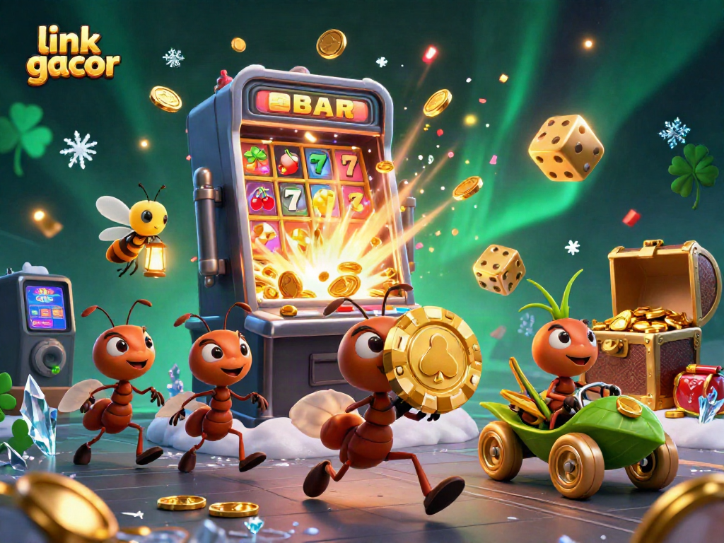 Experience the thrill of gaming with link gacor as 3D cartoon ants carry a massive poker chip amidst jubilant casino elements.