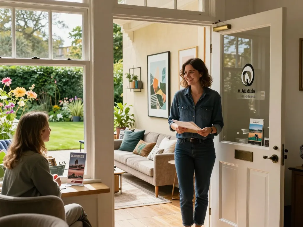 Welcoming scene of Airbnb management oxford with hosts greeting guests at beautiful Oxford property.