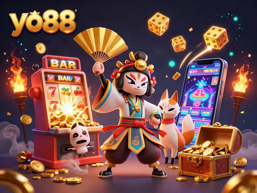 Spin the reels with yo88 as vibrant kabuki characters and riches burst forth in a magical casino scene.