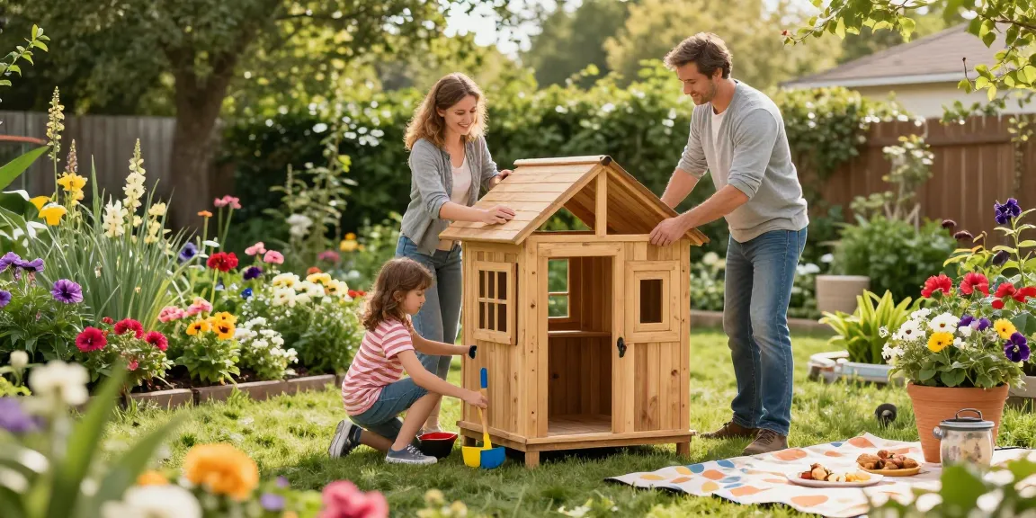 Gartenhaus kaufen: Familie beim Aufbauen eines Holz Gartenhauses im eigenen Garten.