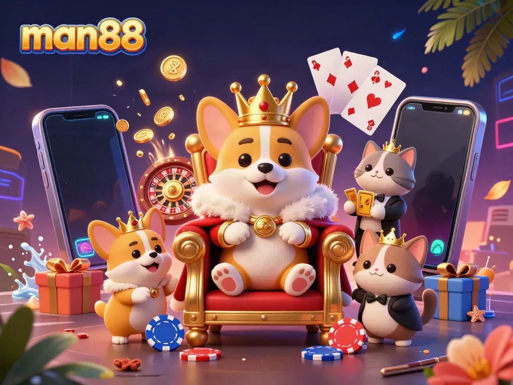 Experience excitement with man88 as a royal corgi rules the casino world alongside a dedicated cat butler.