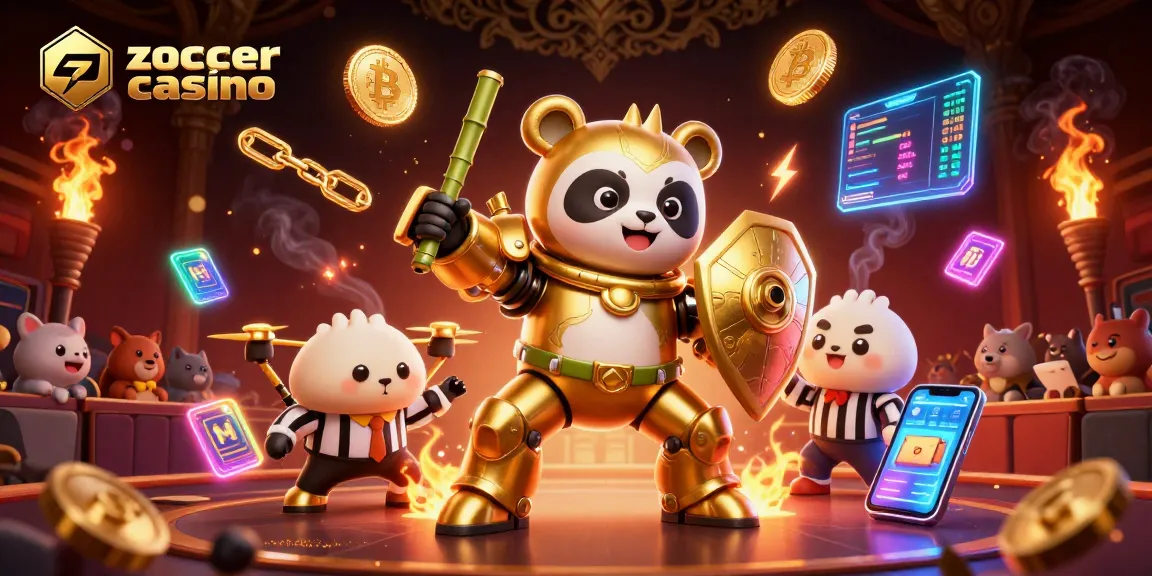 Experience exciting gameplay at zoccer casino with golden mech-panda battling for crypto rewards.