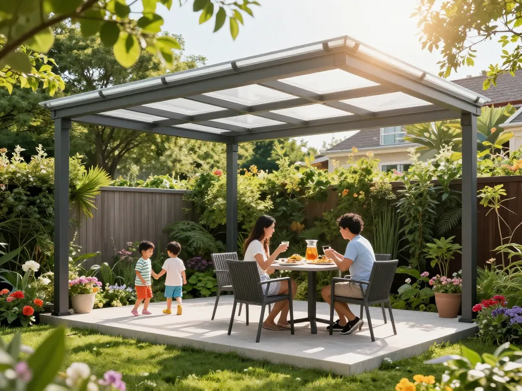 Stilvolle Aluminium-Terrassenüberdachung in einem lebhaften Garten mit einer Familie, die die Natur genießt.