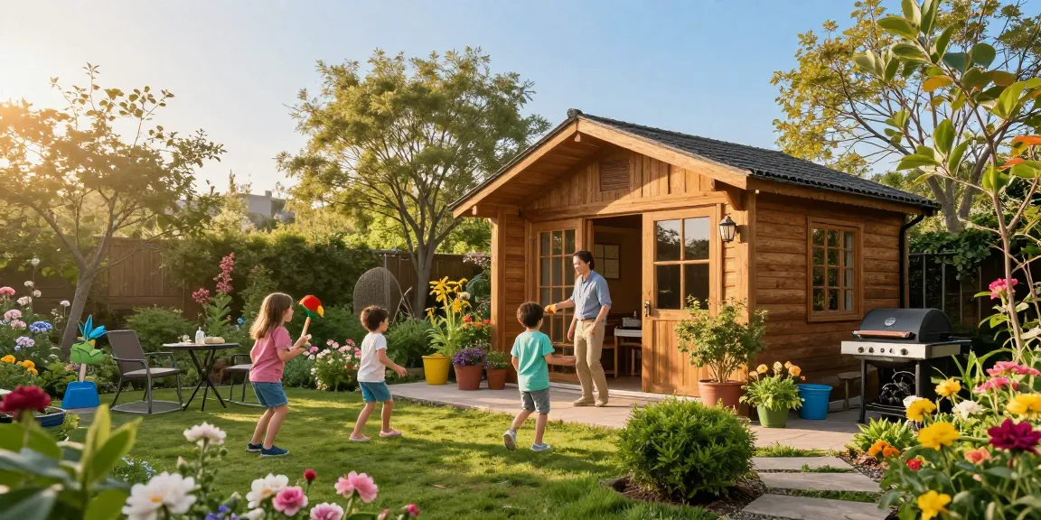 Gartenhäuser - Robustes Gartenhaus umgeben von blühenden Pflanzen und fröhlichen Kindern in einer einladenden äußeren Umgebung.