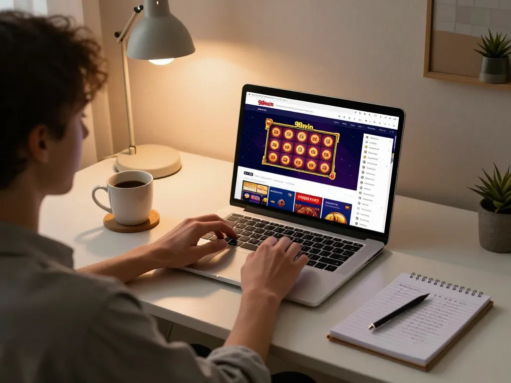 Engaging with 98win online gaming strategies in a cozy home office
