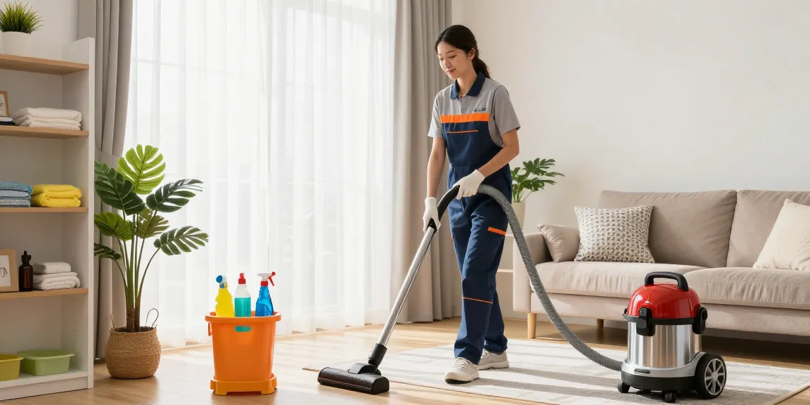 Professional cleaner in a bright living room showcasing putzinstitut bern services with vibrant cleaning tools.