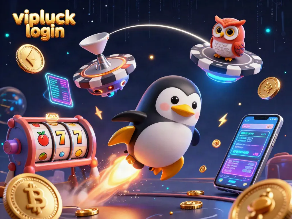 Experience the vibrant vipluck login scene with a golden penguin, neon coins, and casino elements.