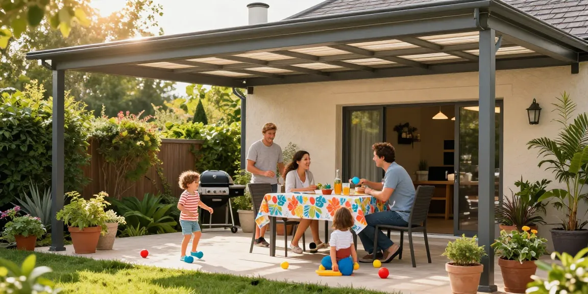 Familie genießt sonnigen Nachmittag unter einer Terrassenüberdachung aus Aluminium im Garten.