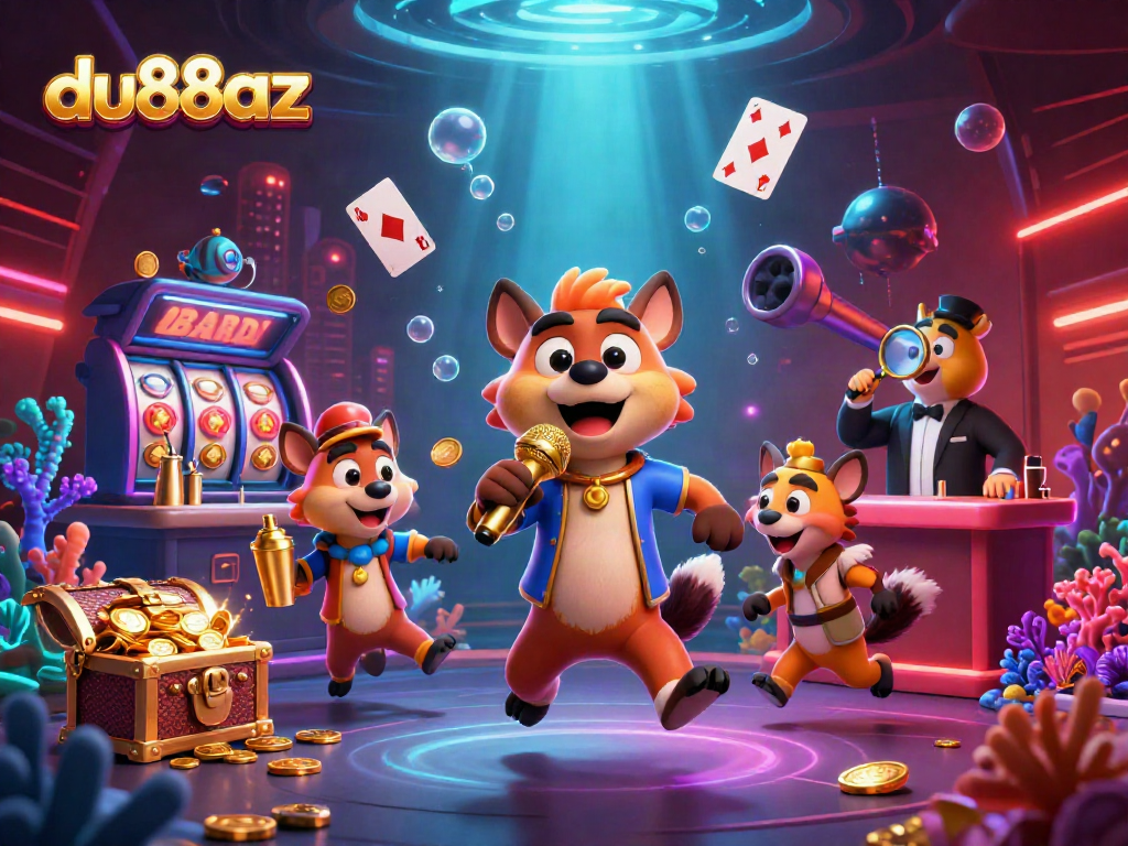 Experience the fun of du88az with a lively casino scene featuring hyenas entertaining in a vibrant underwater setting.