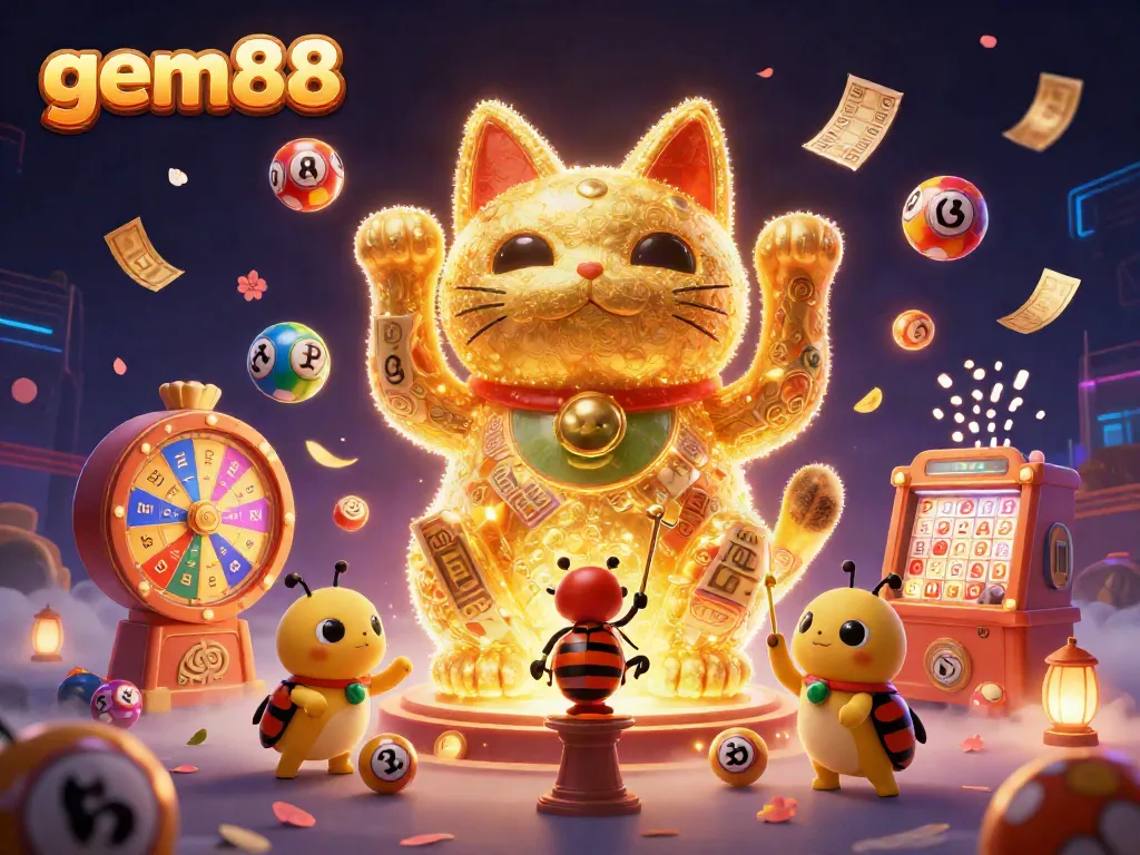 Experience lively gaming with gem88's 3D lucky cat and casino symbols dancing in a vibrant atmosphere.