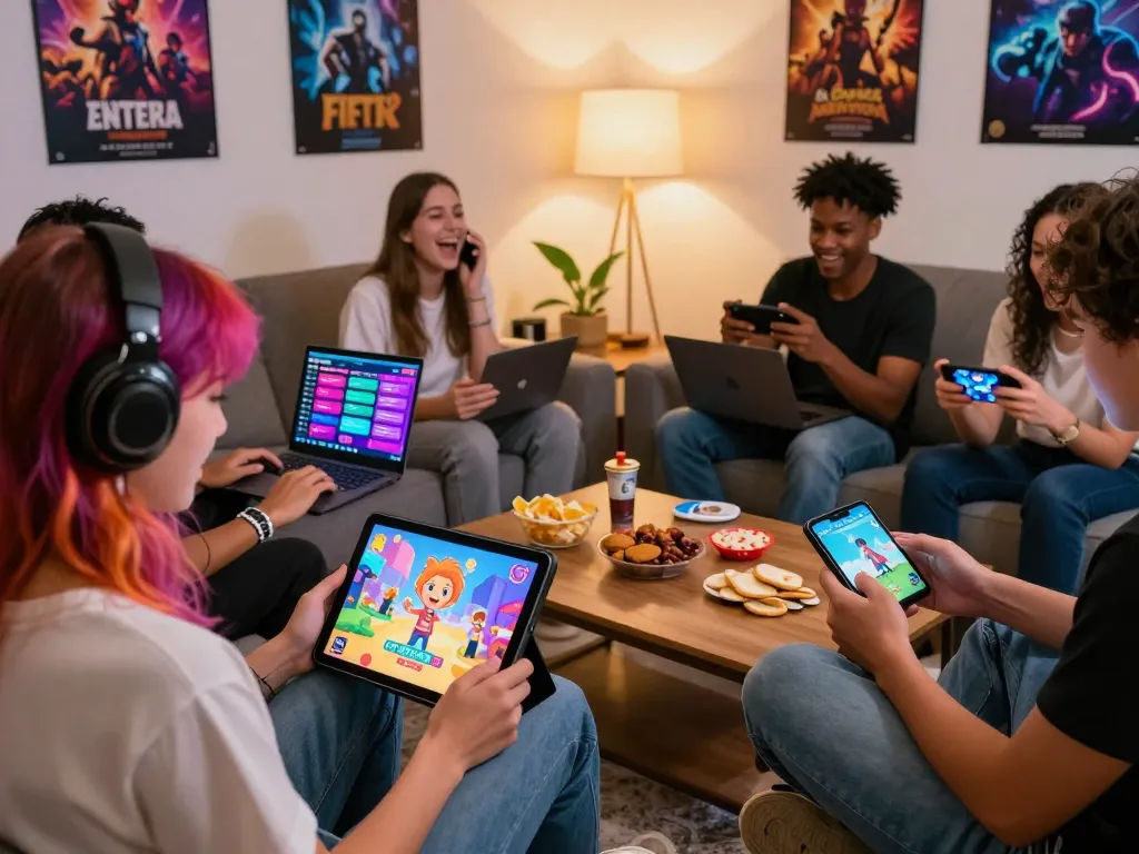 Group of friends enjoying an online porn game on various devices in a cozy living room.
