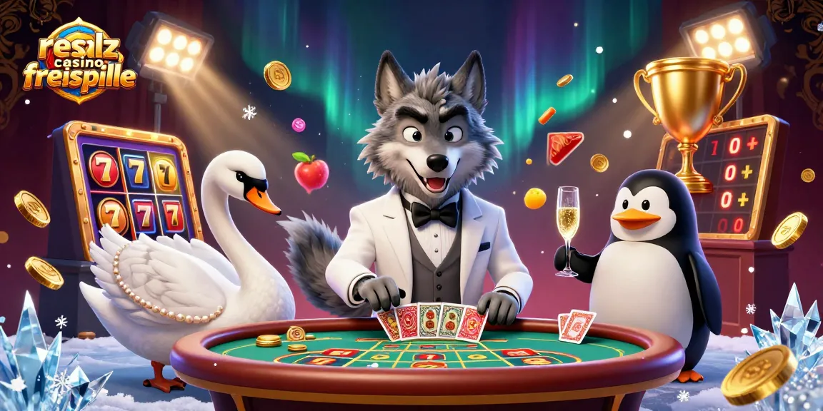 Erleben Sie die aufregenden realz casino freispiele mit einem eleganten Wolf, Schwan und Pinguin in einem lebhaften Casino-Szenario.