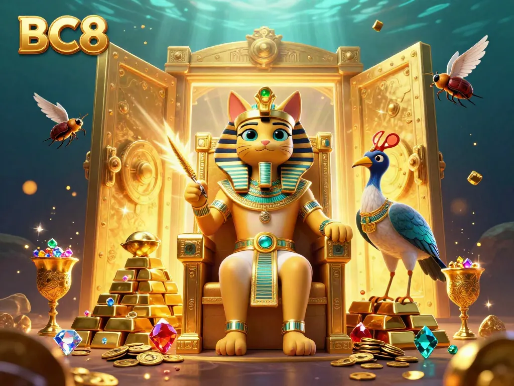 BC8 celebrates vibrant wins with a rich 3D scene featuring the pharaoh cat, treasures, and gaming excitement.