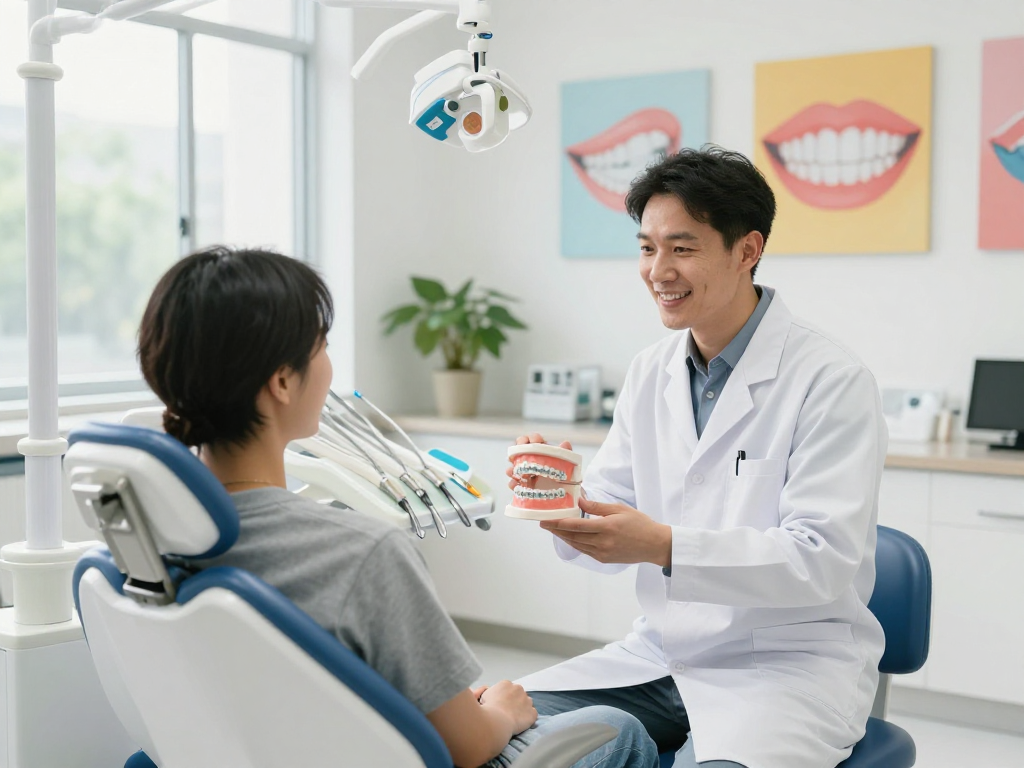Kieferorthopädie treatment discussion in a bright orthodontic clinic.