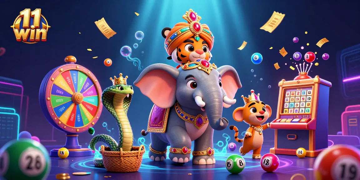 Engage with 11 win's vibrant casino scene featuring a maharaja tiger and a prize wheel.