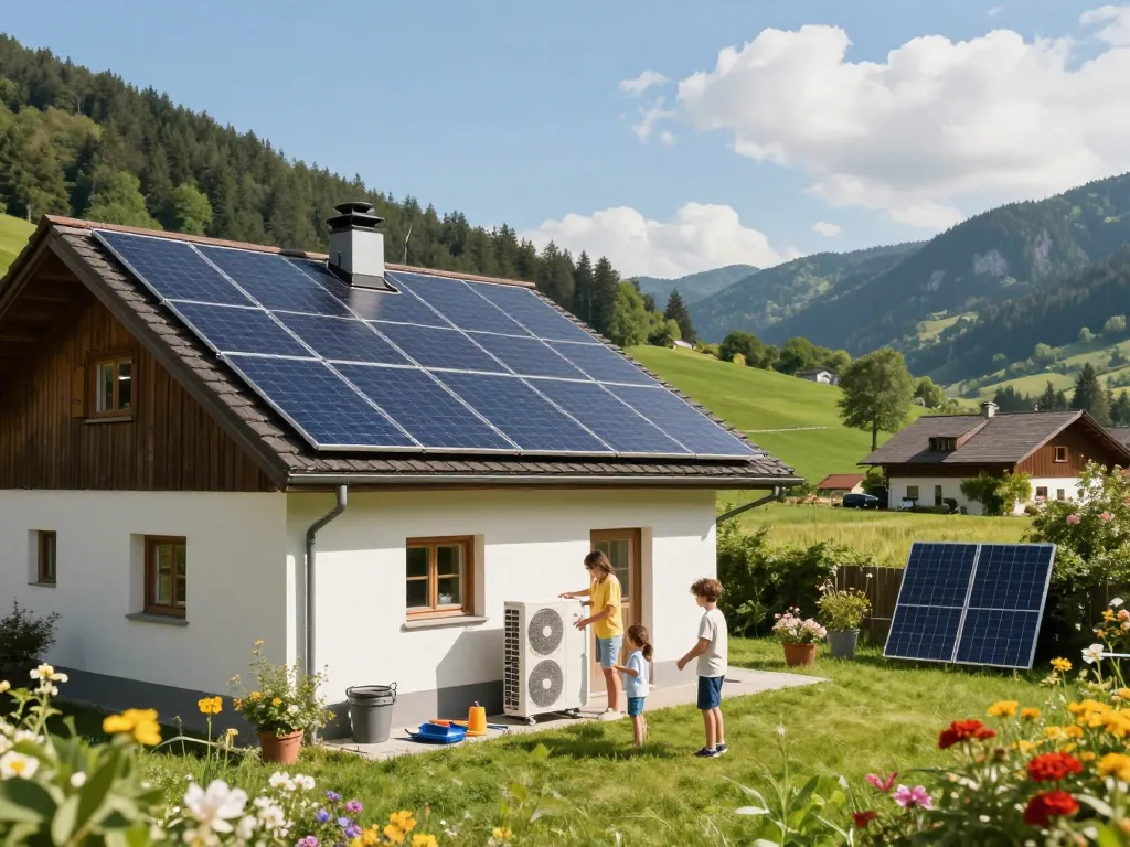 Umweltfreundliches Zuhause in Bayern mit Photovoltaik Bayern Installation, ausgestattet mit Solarpanelen und einer Wärmepumpe.