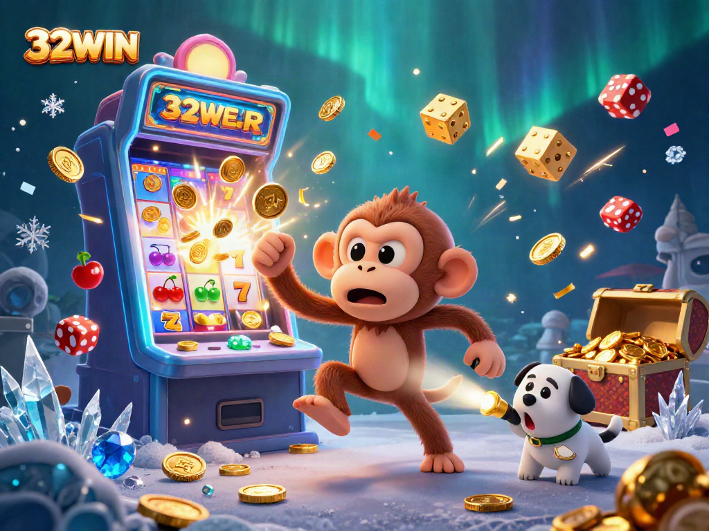 Experience the energetic allure of 32WIN with a captivating casino scene featuring playful characters and exciting gaming elements.