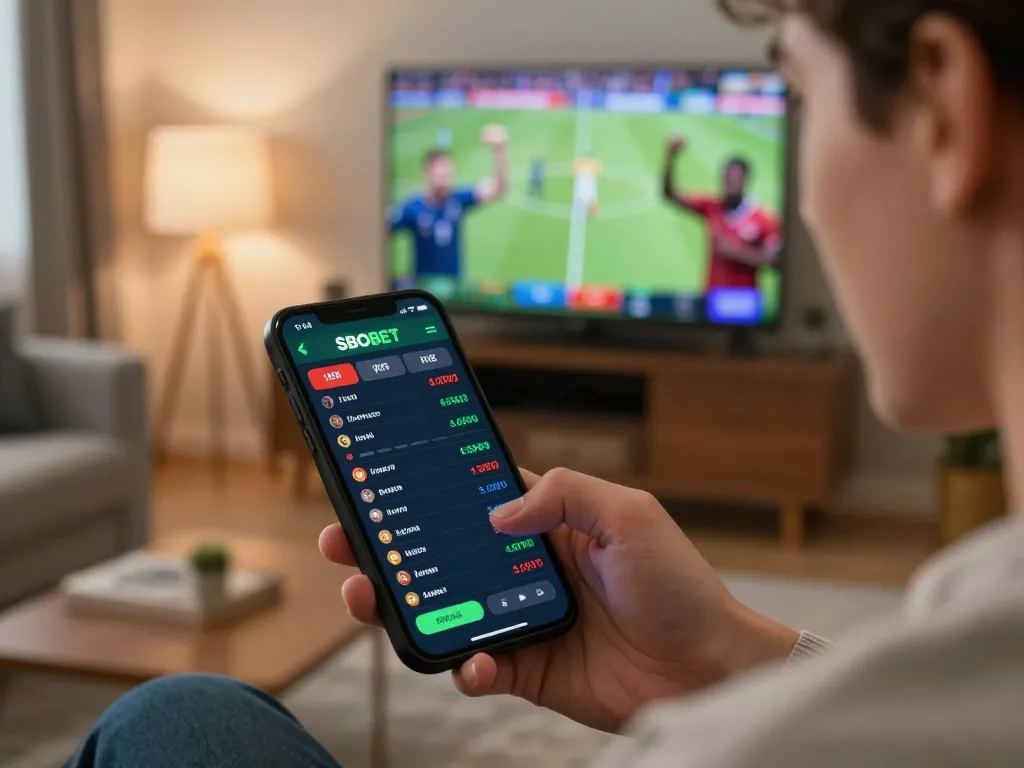 Pengaturan taruhan olahraga mobile SBOBET, menampilkan tampilan odds langsung di smartphone yang dipegang oleh pemain yang fokus di ruang tamu yang nyaman.