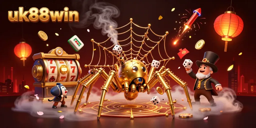 Experience the excitement of uk88win with a steampunk spider capturing dice in a vivid casino scene.