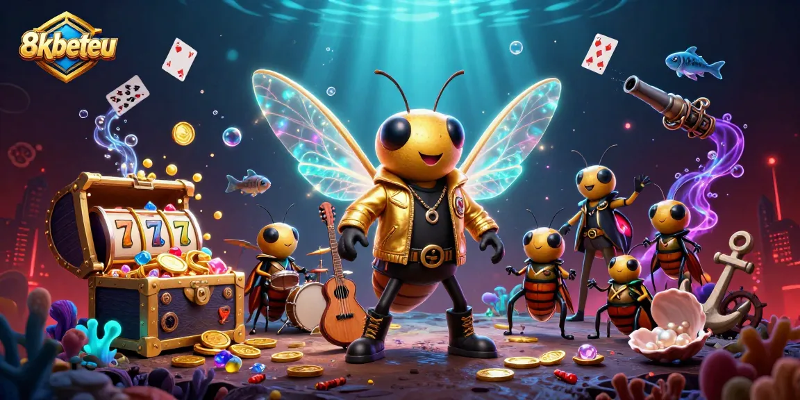 8xbeteu showcases a dynamic scene with a rock star cicada, vibrant slot reels, and golden treasures.