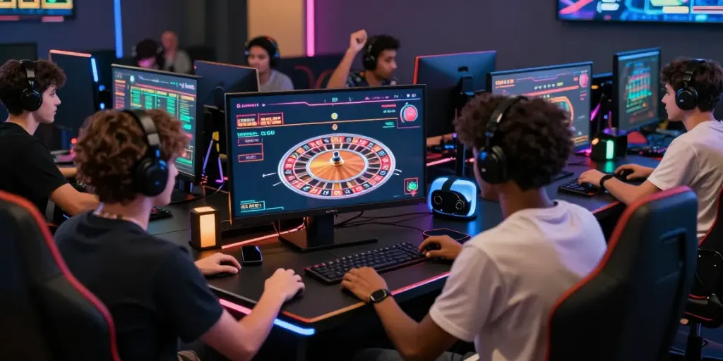 Thrilling gaming experience at https://sky88tg.com/ with diverse players engaged at high-tech setups celebrating wins.