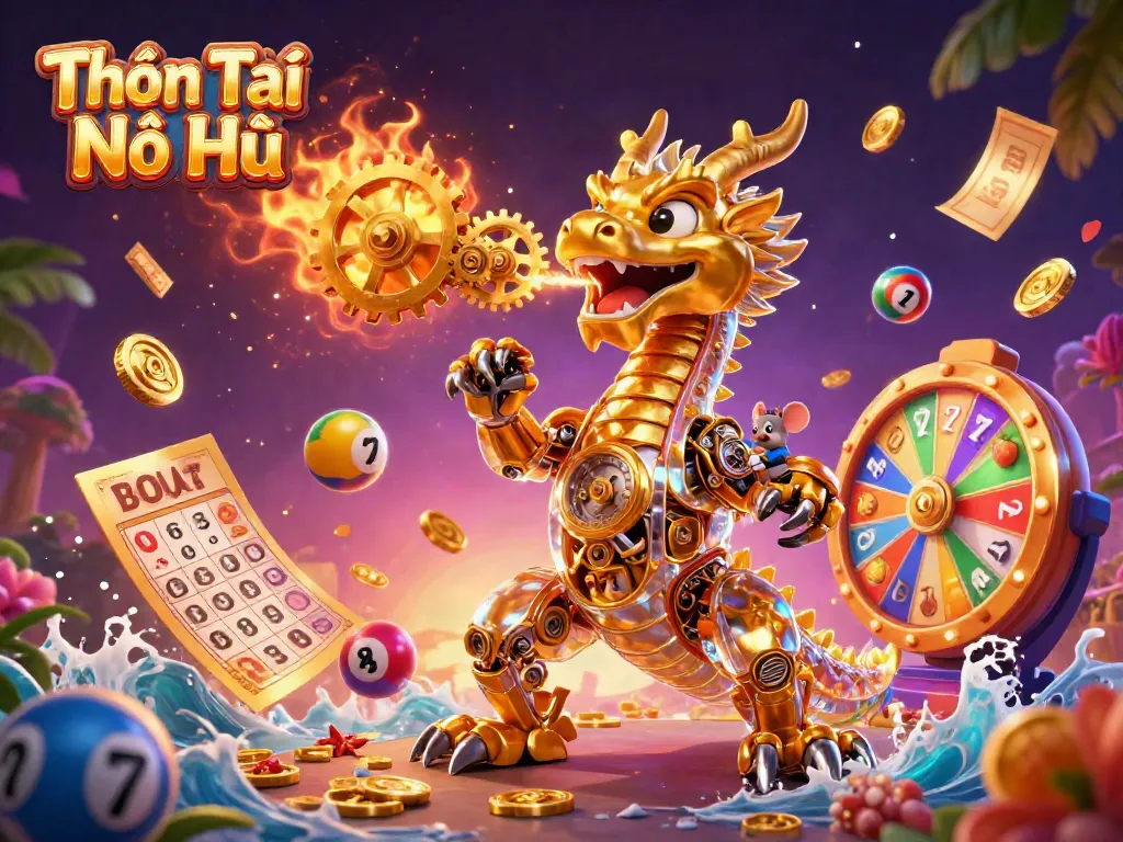 Experience thrilling gameplay with Thần Tài Nổ Hũ, featuring vibrant slot reels and a golden dragon.