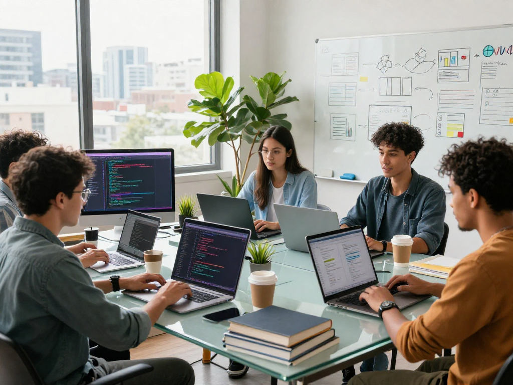 Team collaboration at http://debet-app.com showcasing tech innovation with coding, brainstorming diagrams, and bright workspace.