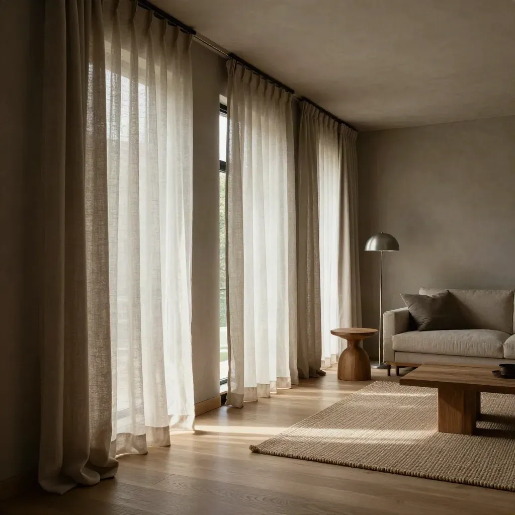 Helles Wohnzimmer mit weichem Tageslicht, Vorhängen und hellem Eichenboden.