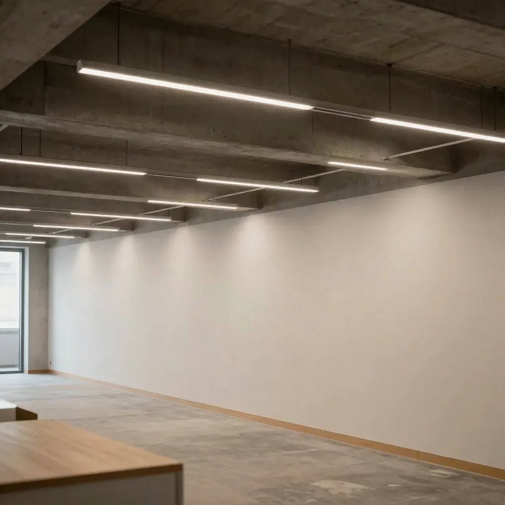 Renovierte Bürodecke mit schlanken LED-Batten über Beton und Akustikpaneelen.