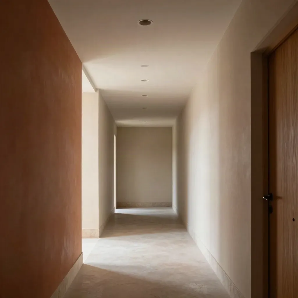 Flur mit bündigen Downlights, sauber montierter Decke und warmem Licht in einem Neubau.