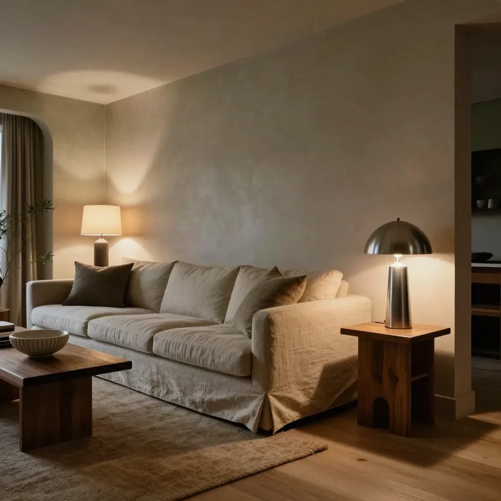 Wohnzimmer mit drei Lichtzonen: Deckenrundung, Tischlicht und Wandwaschung im sanften Dimmen.