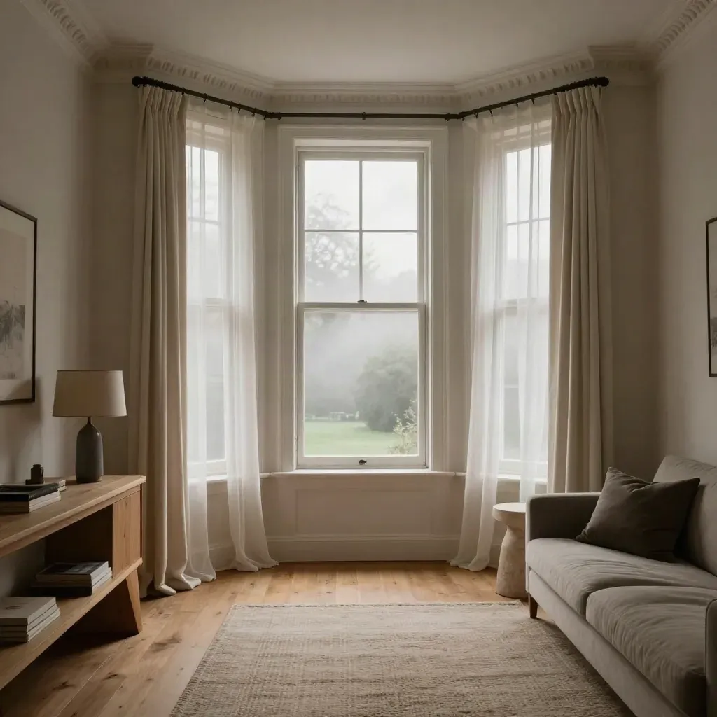 Altbauwohnzimmer mit ruhigem Tageslicht, Sprossenfenstern, Vorhängen und Eichenmöbeln.