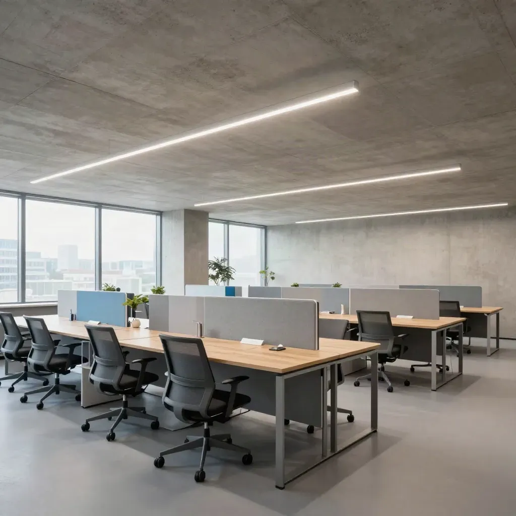 Modernes Kölner Büro mit LED-Deckenlinien, Akustikpaneelen und leeren Arbeitsplätzen.
