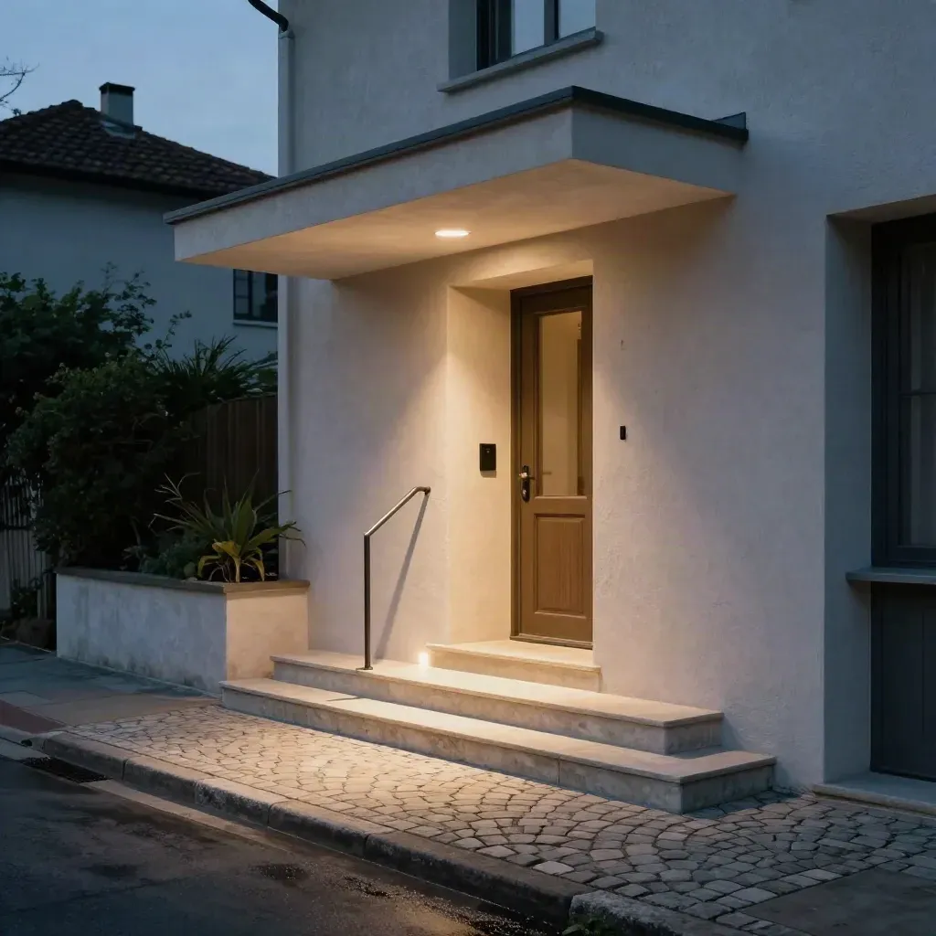 Abends beleuchtete Wohnhausfassade mit klaren Lichtlinien zum Eingang.