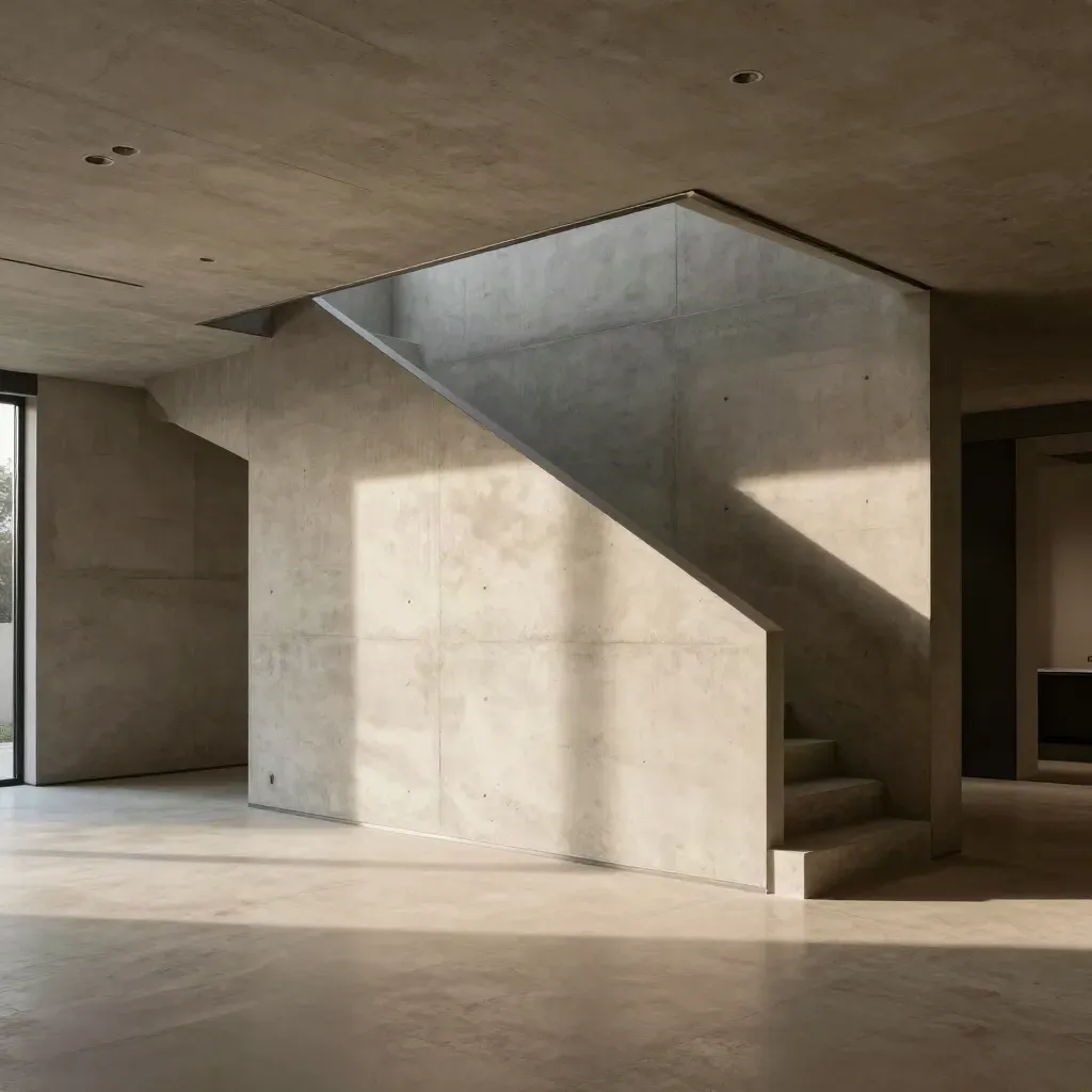 Neubau-Innenraum aus Beton mit präzisen Decken-Spots und offener Treppe