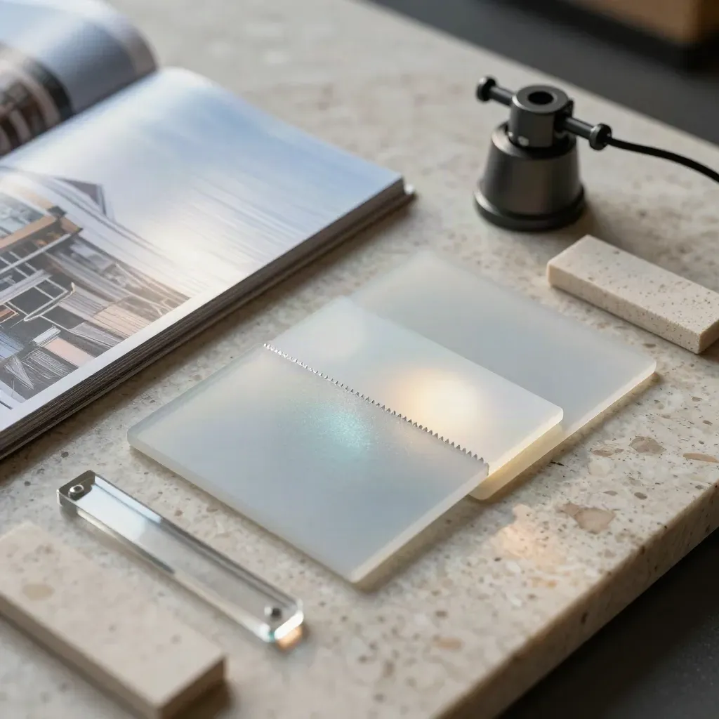 Makro von Lichtmustern, Mini-Trackkopf und Diffusorproben auf Travertin.