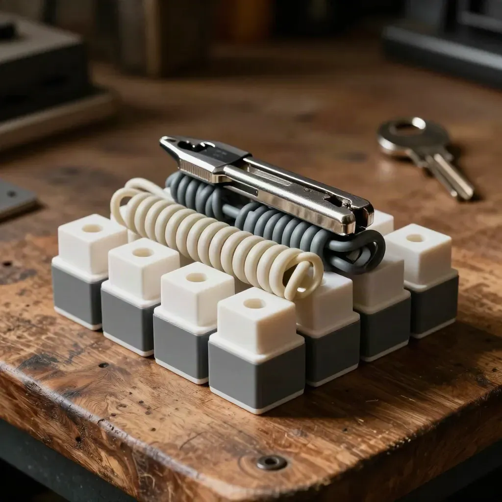Junction-Blocks, Kabelschläuche und Multitool auf warmer Werkbank im dramatischen Licht.