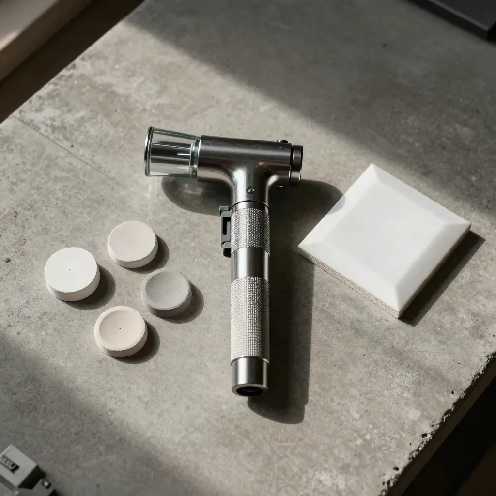 Inspektionslampe, Materialchips, Anschlussblock und Leuchtenmuster auf Beton von oben.