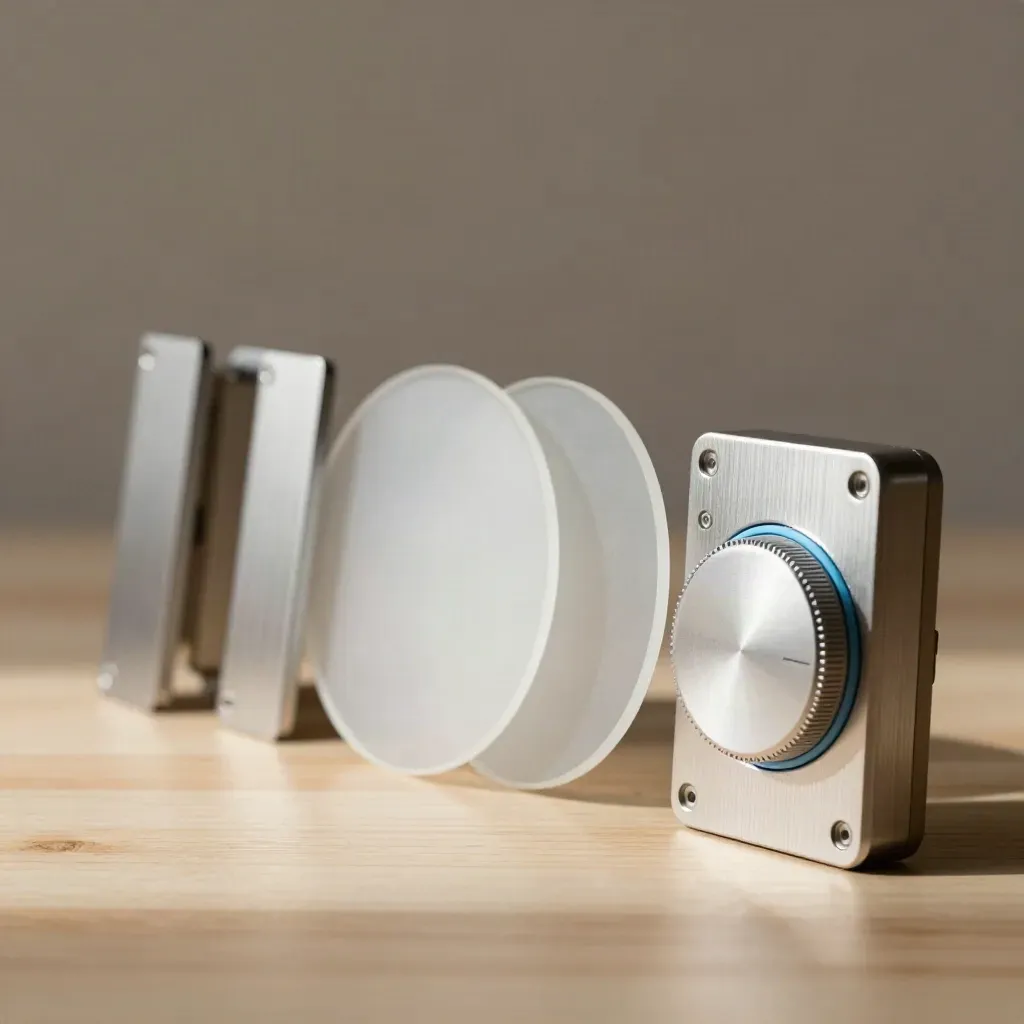 Makro von LED-Downlight-Ringen, Diffusoren und Steuermodul auf hellem Holz.